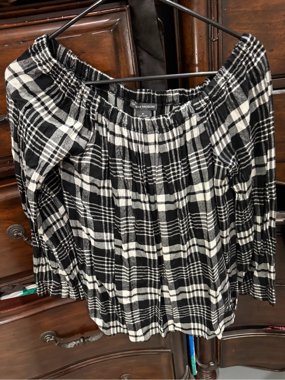 Chelsea & Theodore Black and White Plaid Off-Shoulder Tunic